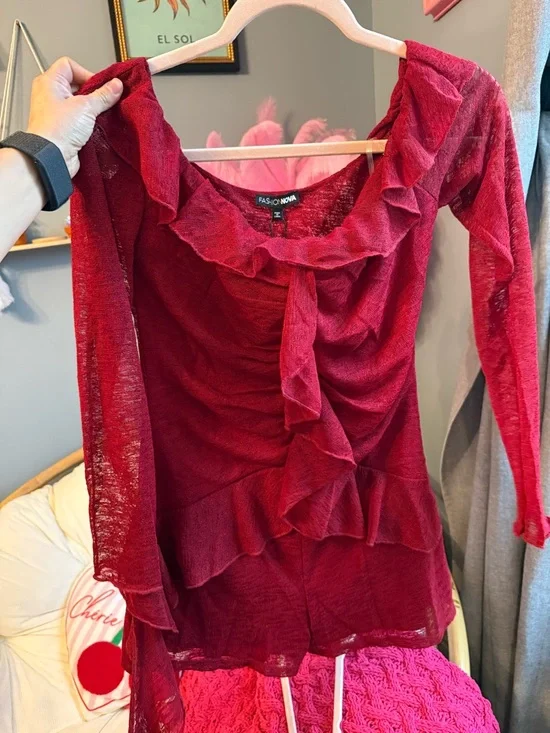 Fashion Nova Red Off-Shoulder Ruffle Romper - Picture 4 of 7